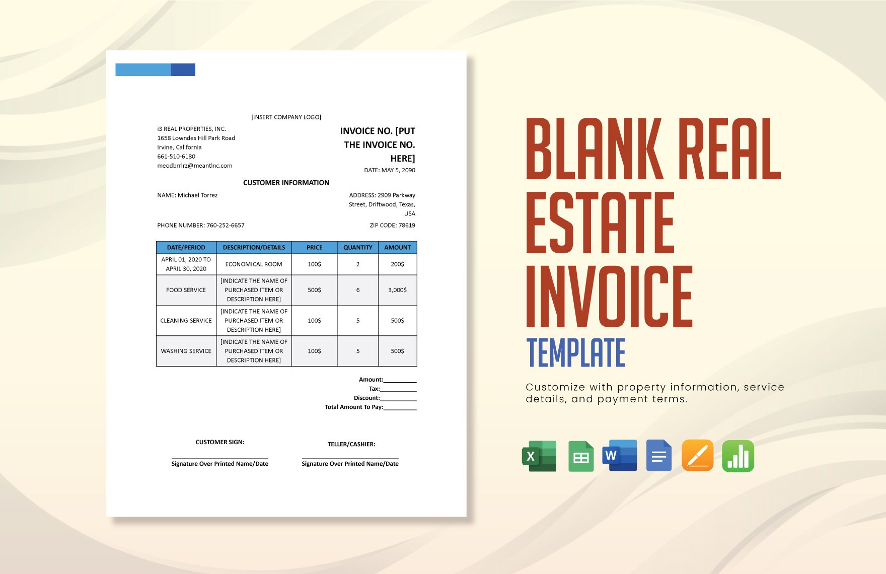 Free Blank Real Estate Invoice Template in Word, Google Docs, Excel, Google Sheets, Apple Pages, Apple Numbers