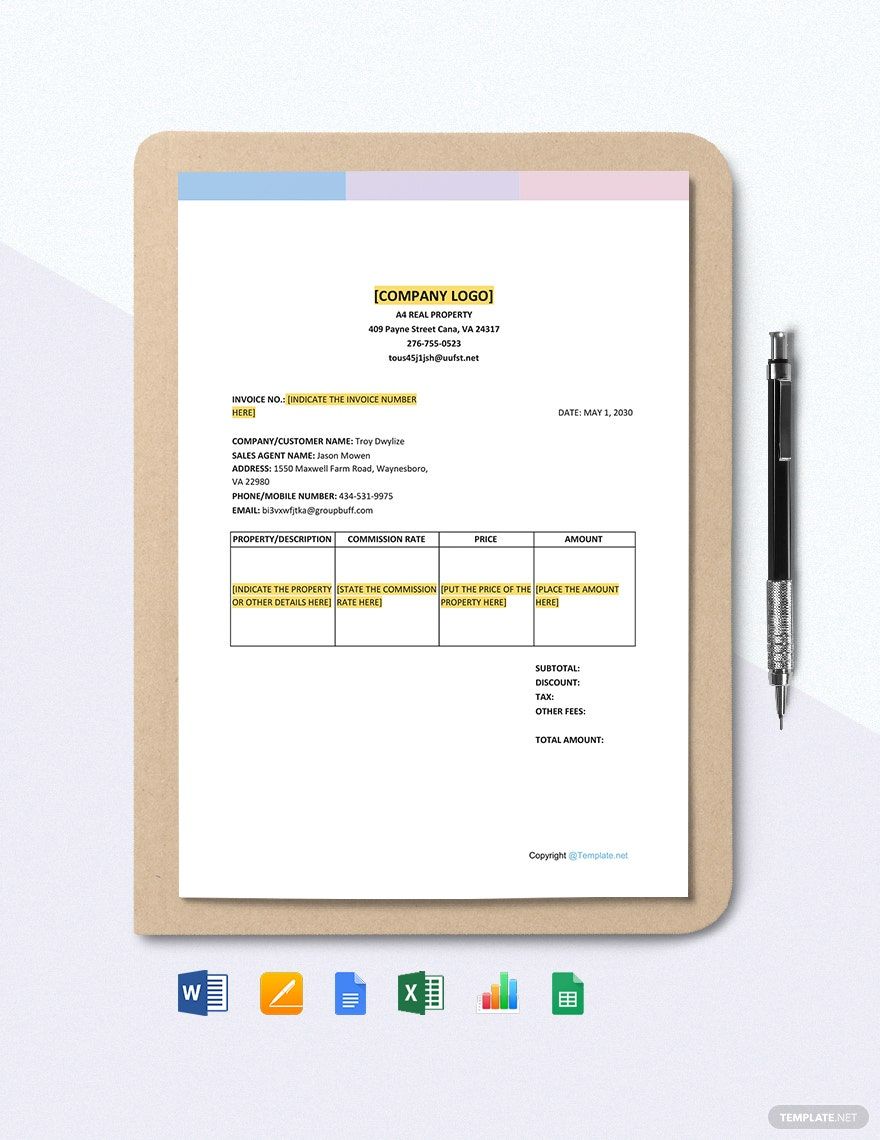 Free Simple Real Estate Invoice Template in Word, Google Docs, Excel, Google Sheets, Apple Pages, Apple Numbers