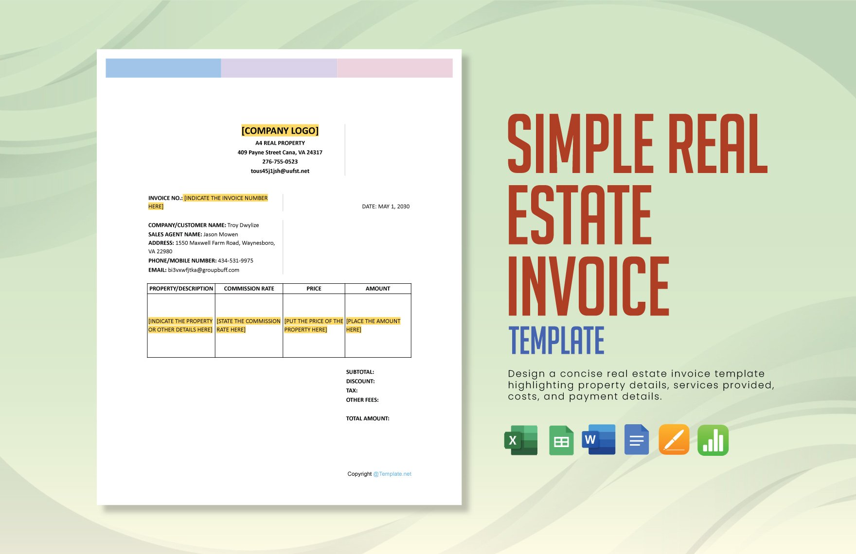 Free Simple Real Estate Invoice Template in Word, Google Docs, Excel, Google Sheets, Apple Pages, Apple Numbers
