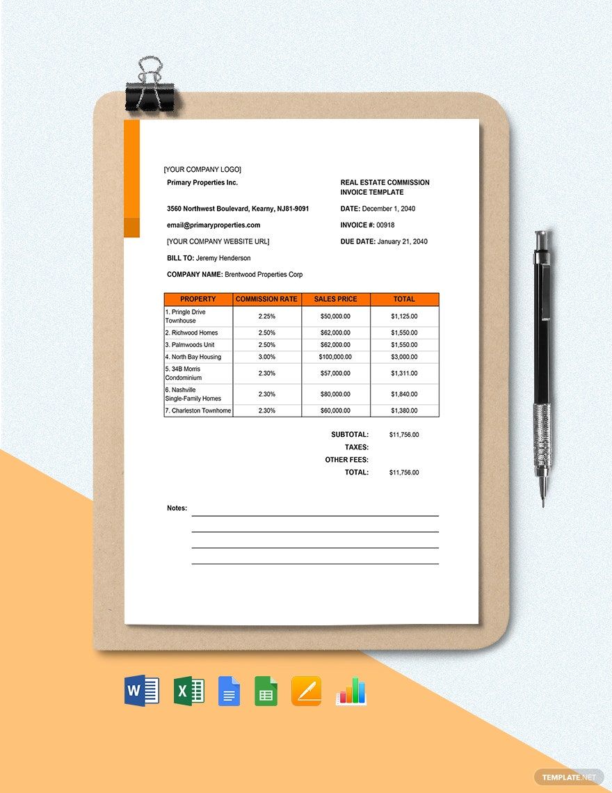 Real Estate Brokerage Commission Invoice Template Download in Word