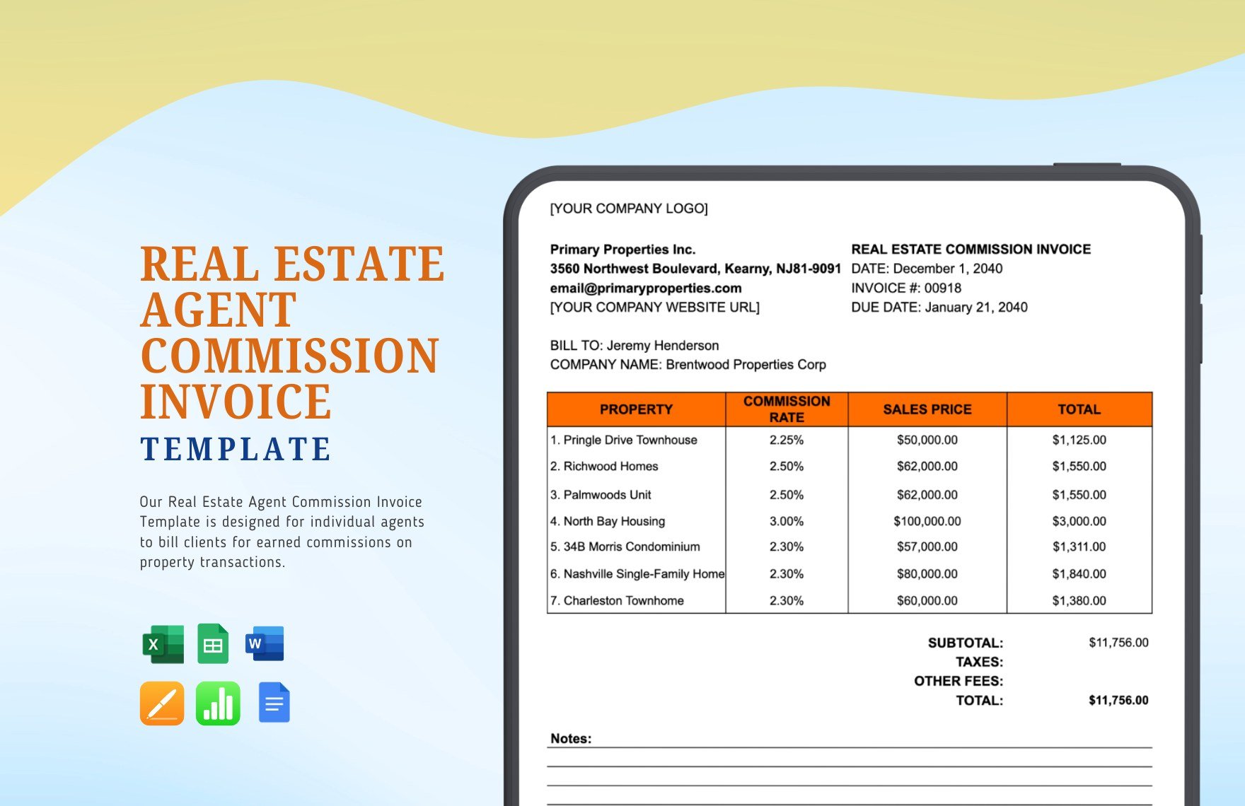 Real Estate Agent Commission Invoice Template in Word, Google Docs, Excel, Google Sheets, Apple Pages, Apple Numbers