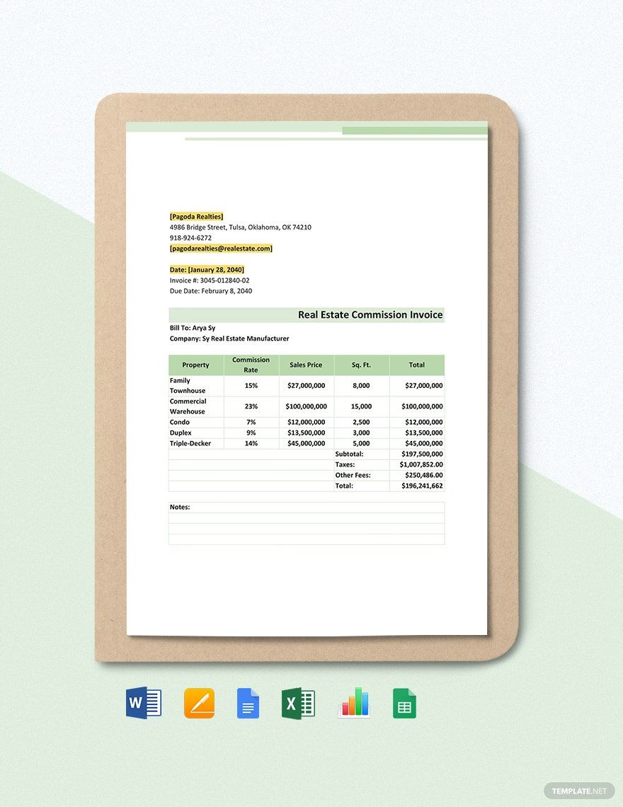 Real Estate Commission Invoice Template in Word, Google Docs, Excel, Google Sheets, Apple Pages, Apple Numbers