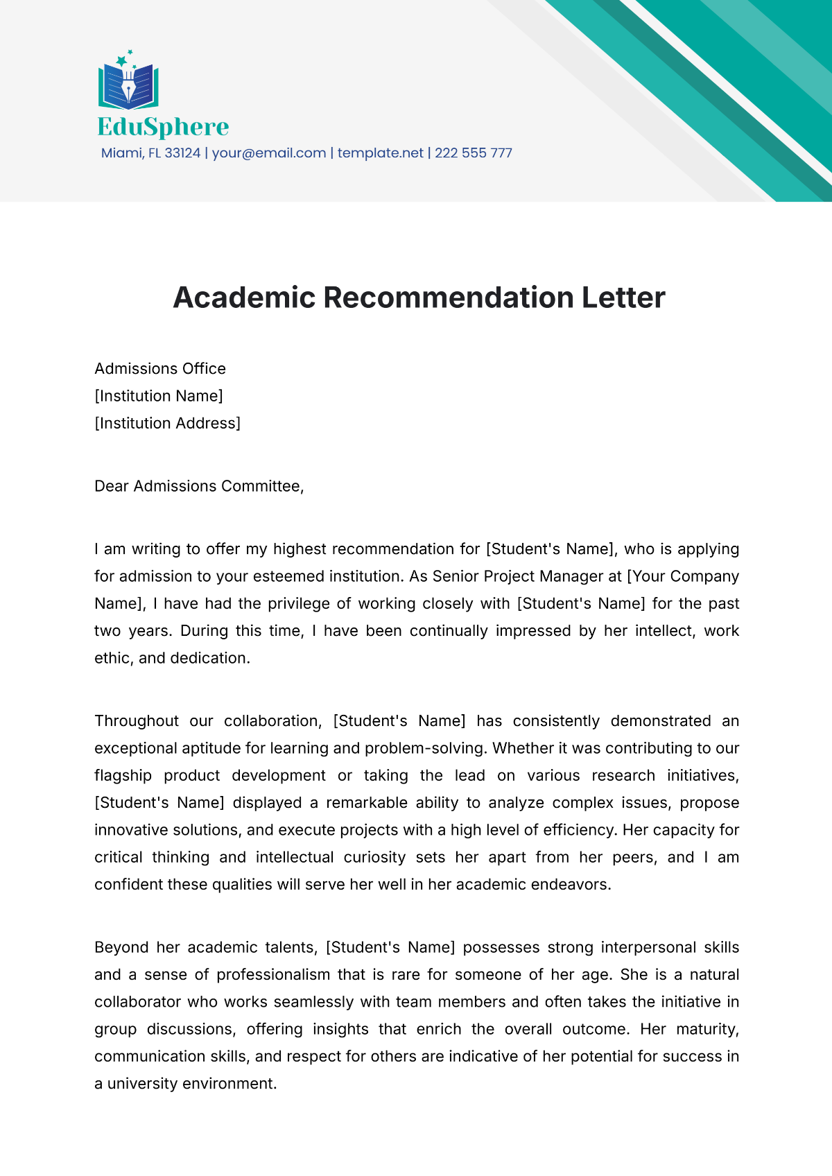 Academic Recommendation Letter Template - Edit Online & Download