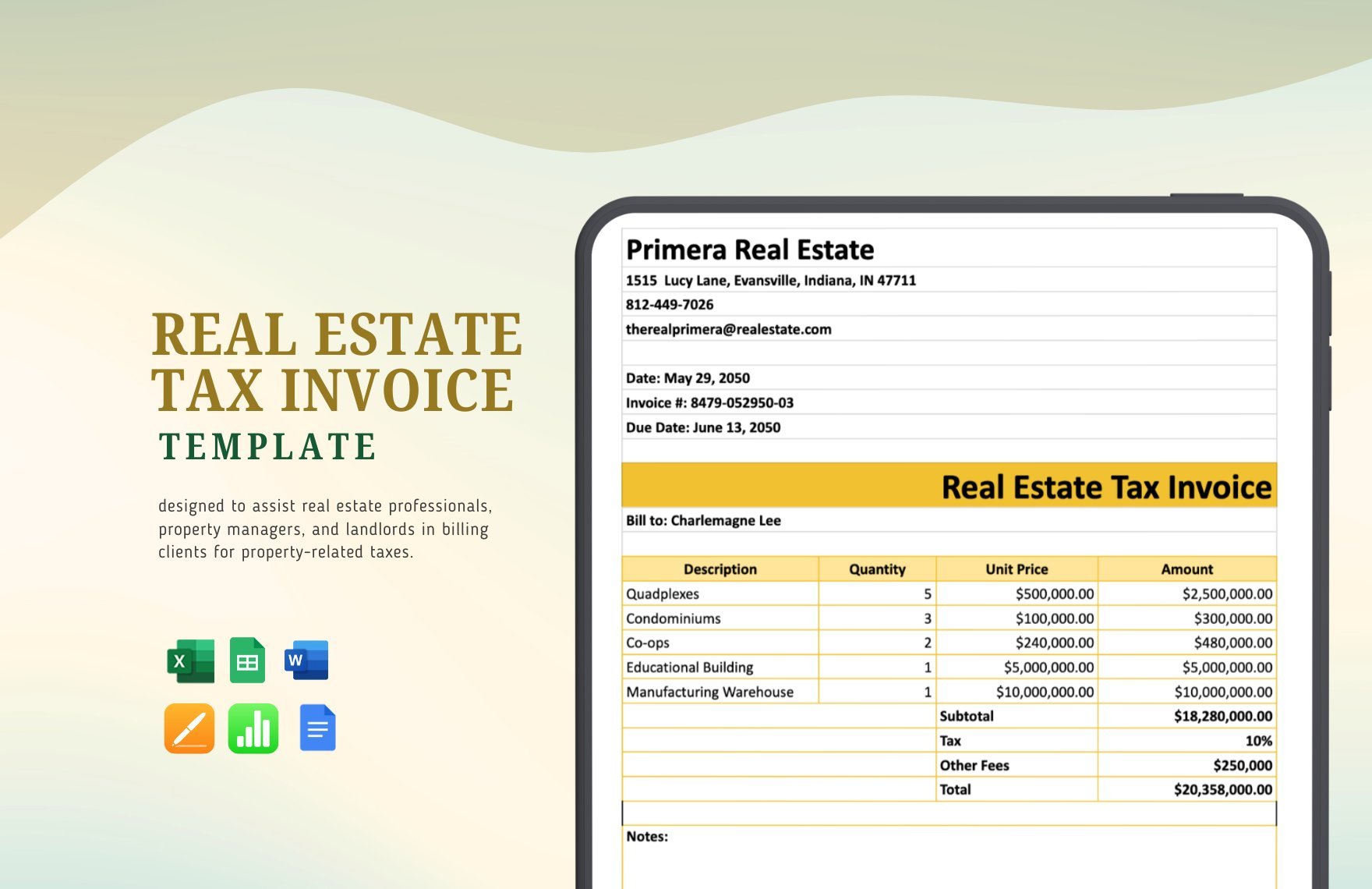 Real Estate Tax Invoice Template in Word, Google Docs, Excel, Google Sheets, Apple Pages, Apple Numbers