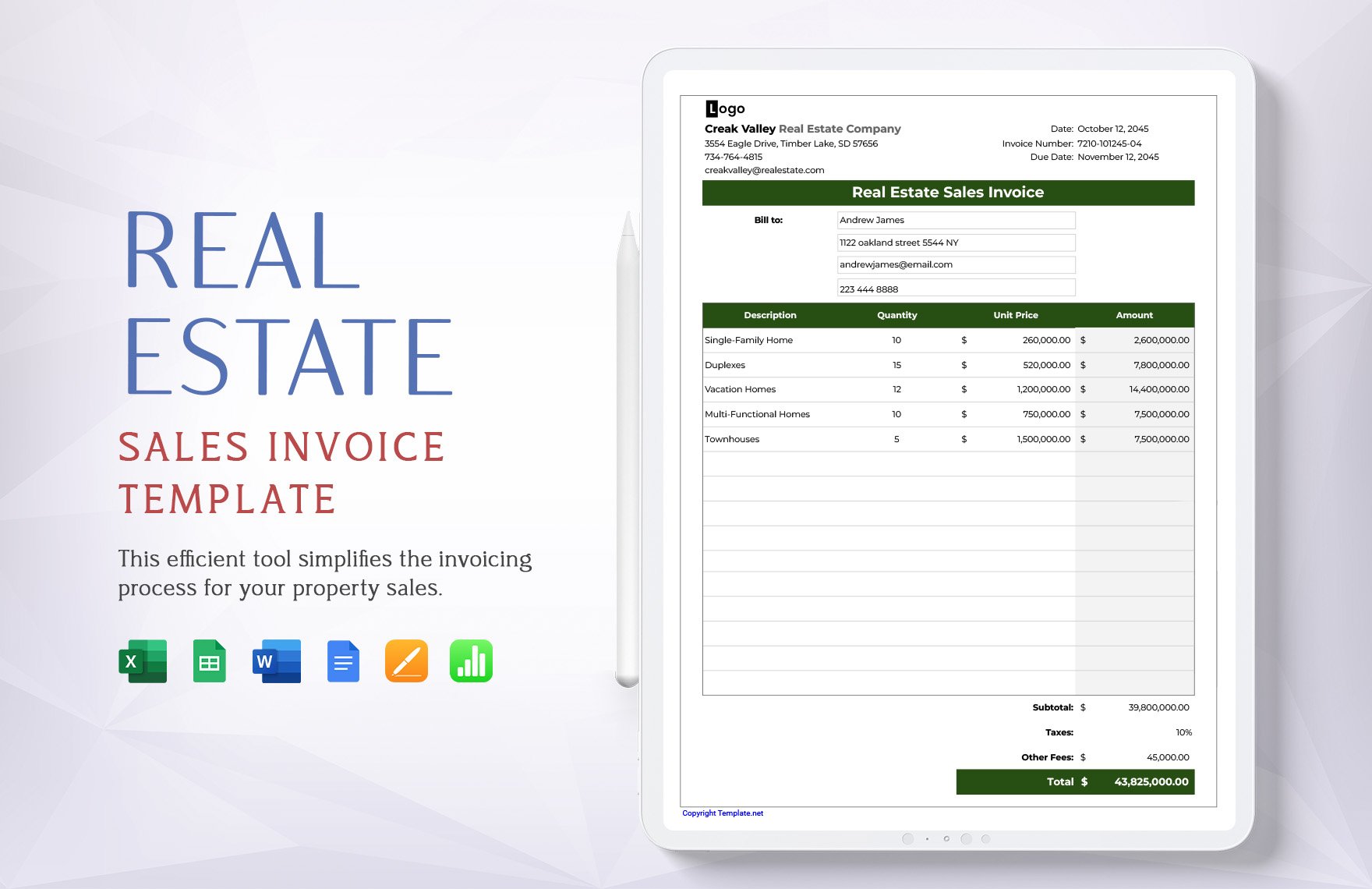 Real Estate Sales Invoice Template in Word, Google Docs, Excel, Google Sheets, Apple Pages, Apple Numbers