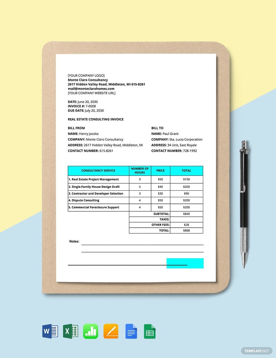 Real Estate Consulting Invoice Template in Word, Google Docs, Excel, Google Sheets, Apple Pages, Apple Numbers