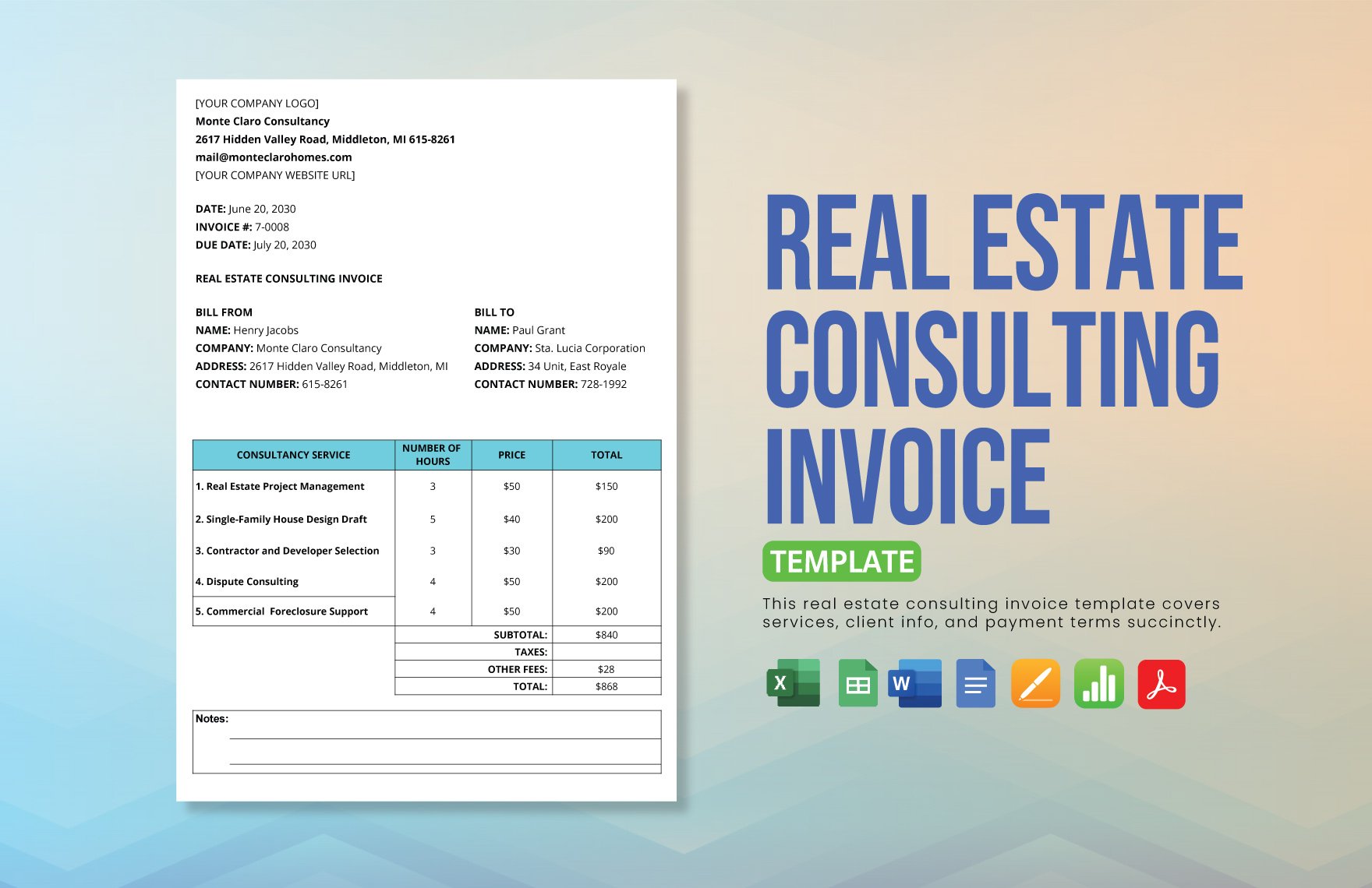 Free Real Estate Consulting Invoice Template in Word, Google Docs, Excel, Google Sheets, Apple Pages, Apple Numbers