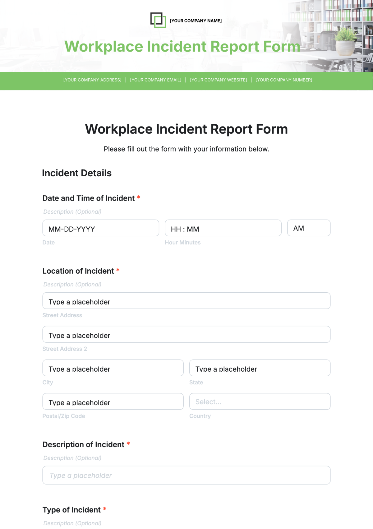 Workplace Incident Report Form Template - Edit Online & Download