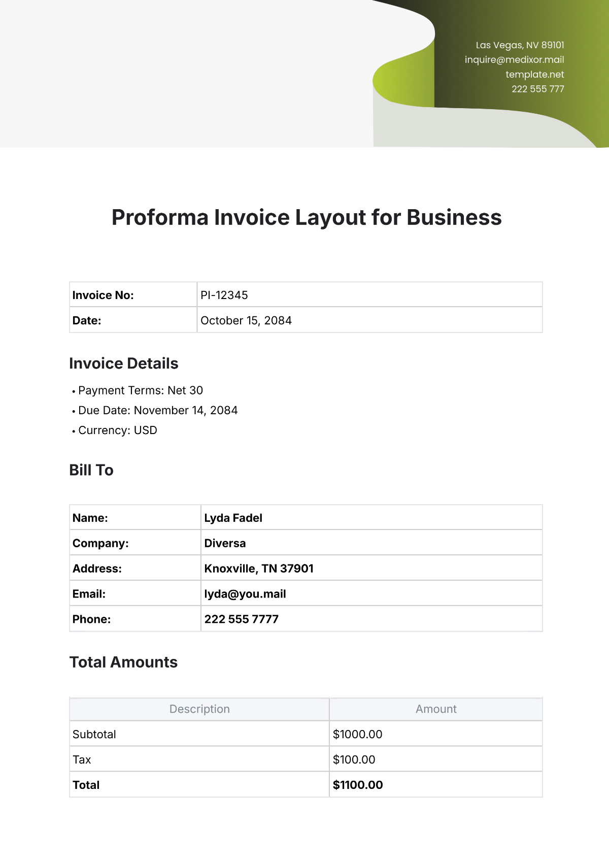 Proforma Invoice Layout for Business Template - Edit Online & Download