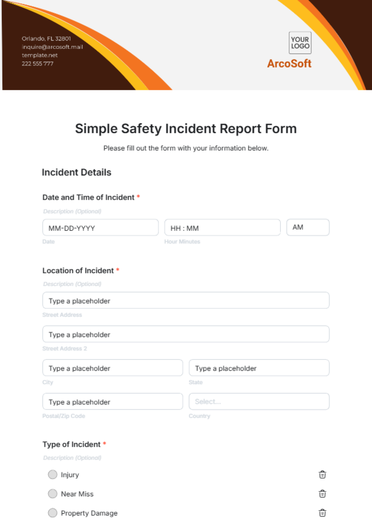 Simple Safety Incident Report Form Template - Edit Online & Download