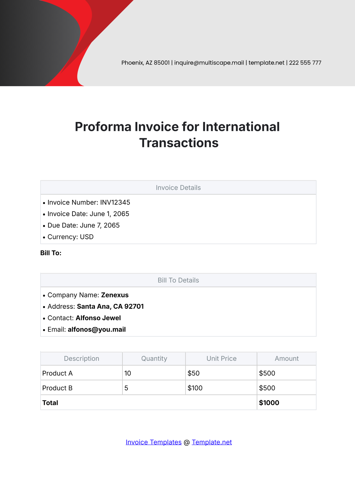 Proforma Invoice for International Transactions Template - Edit Online & Download