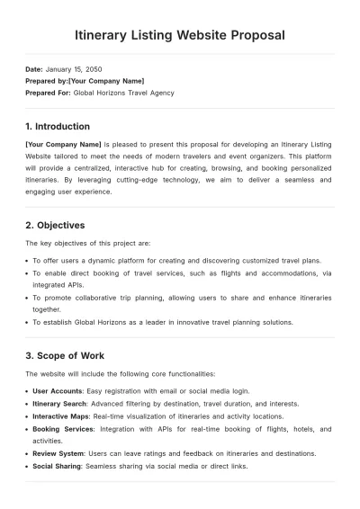 Free Itinerary Listing Website Proposal Template to Edit Online