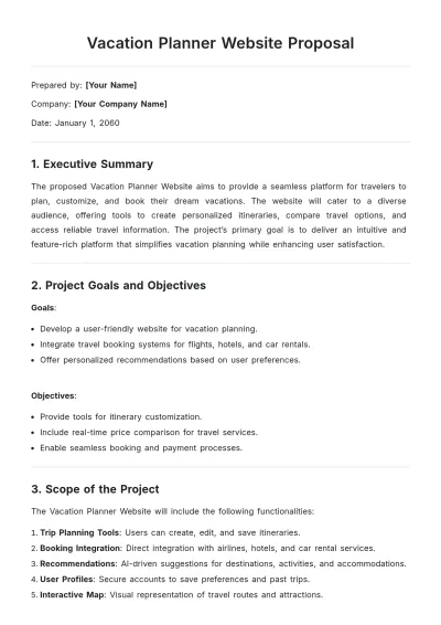 Free Vacation Planner Website Proposal Template to Edit Online