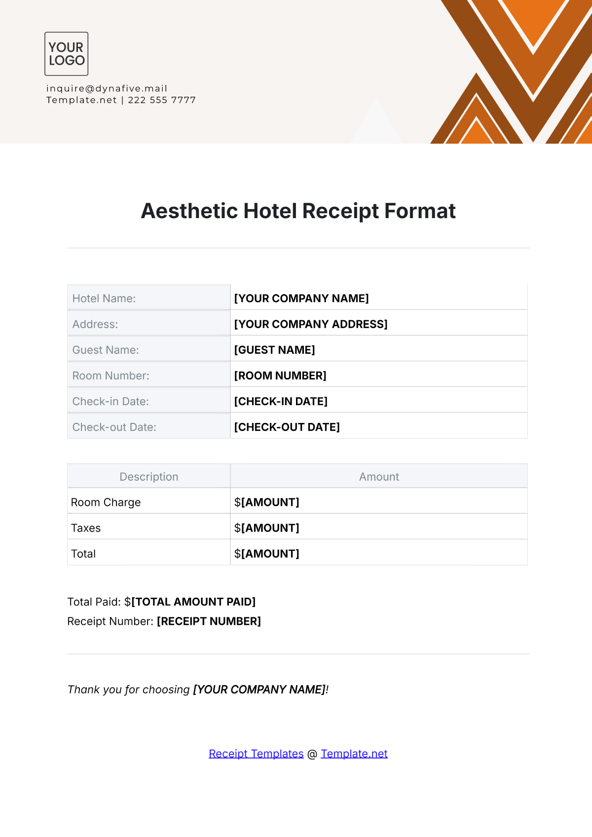 Aesthetic Hotel Receipt Format Template - Edit Online & Download