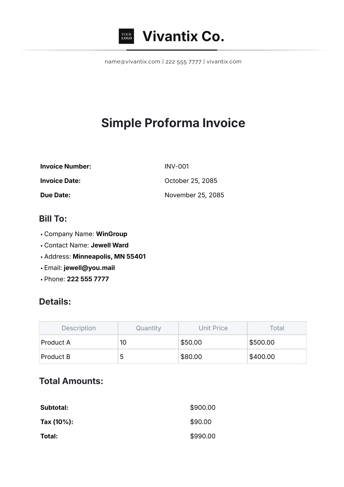 Simple Proforma Invoice Template - Edit Online & Download