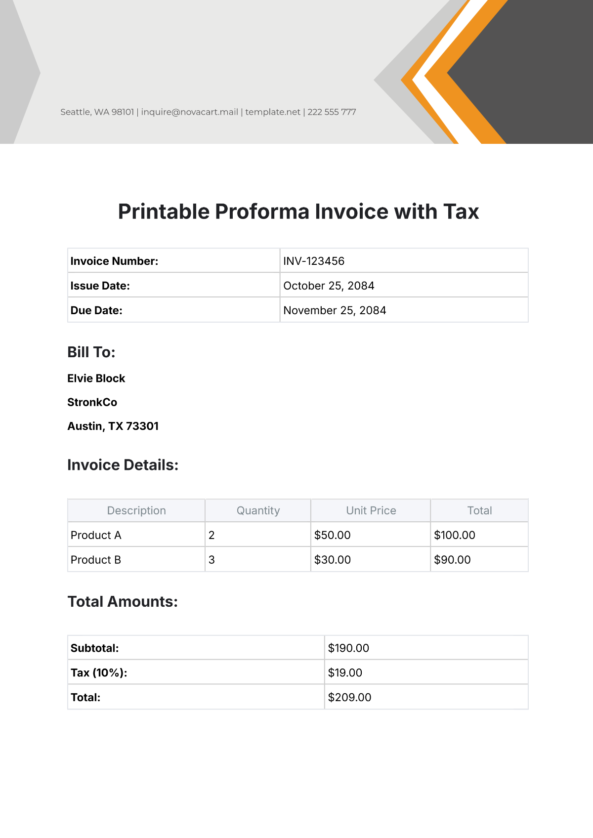 Printable Proforma Invoice with Tax Template - Edit Online & Download