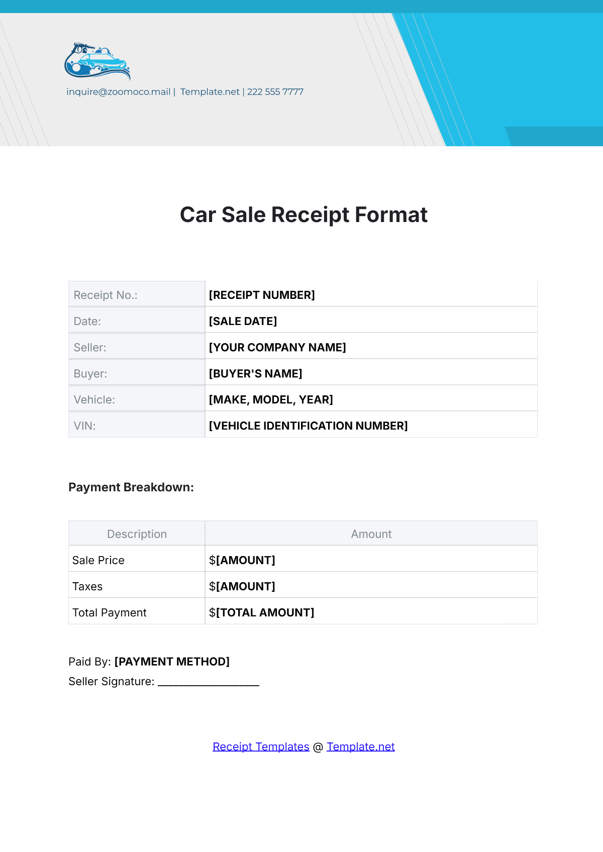 Car Sale Receipt Format Template - Edit Online & Download