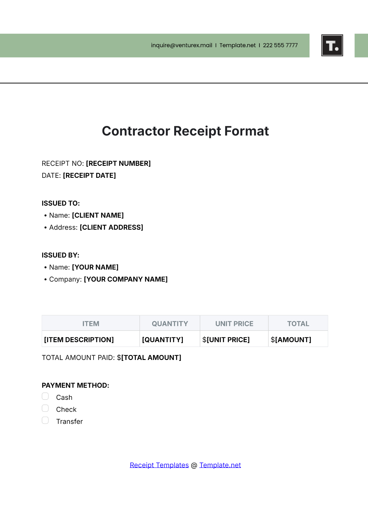 Contractor Receipt Format Template - Edit Online & Download