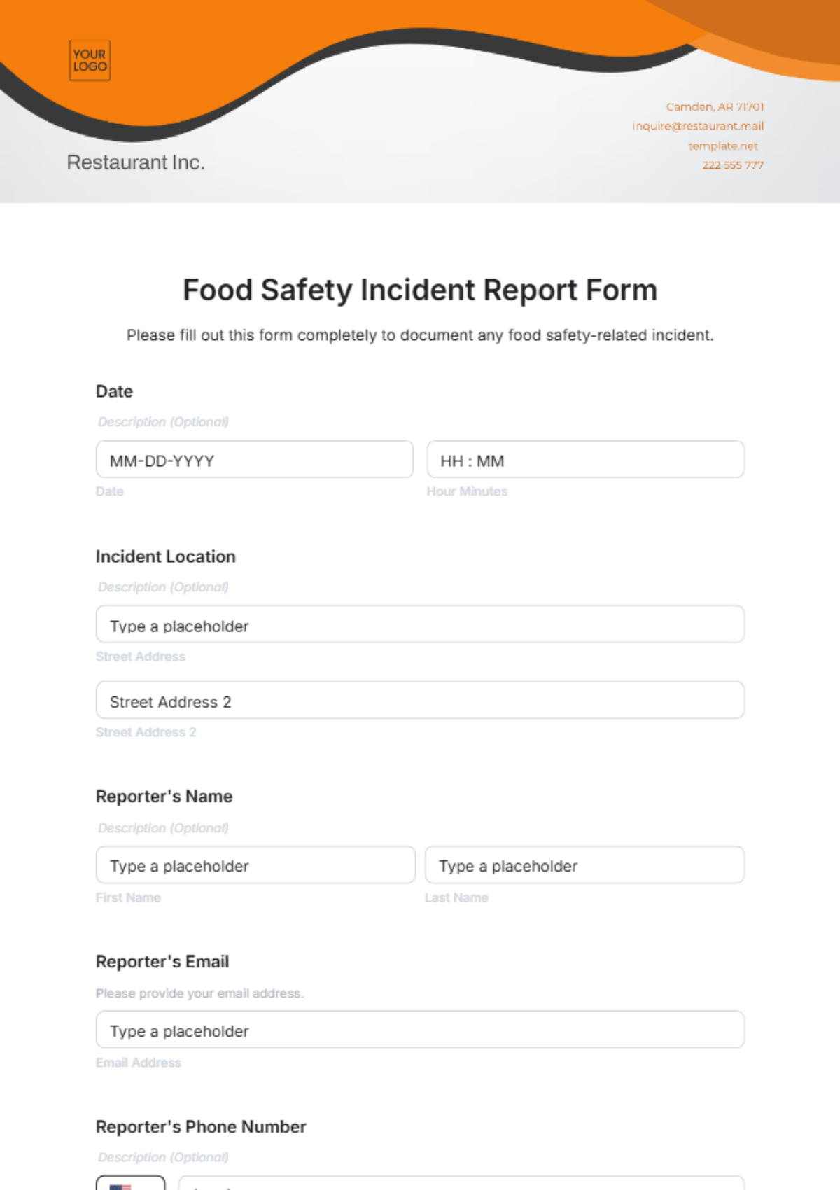 Food Safety Incident Report Form Template - Edit Online & Download