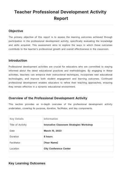 Free Teacher Professional Development Activity Report Template to Edit Online