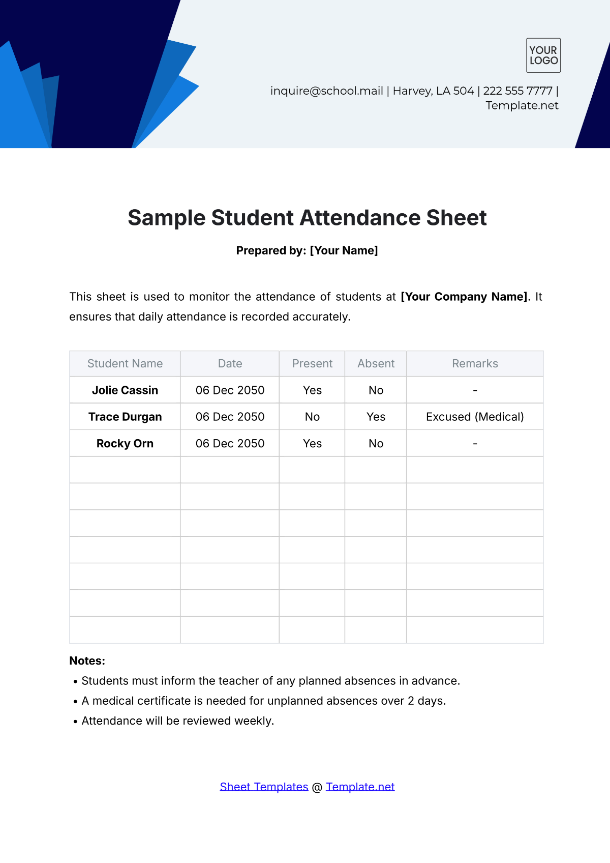 Sample Student Attendance Sheet Template - Edit Online & Download