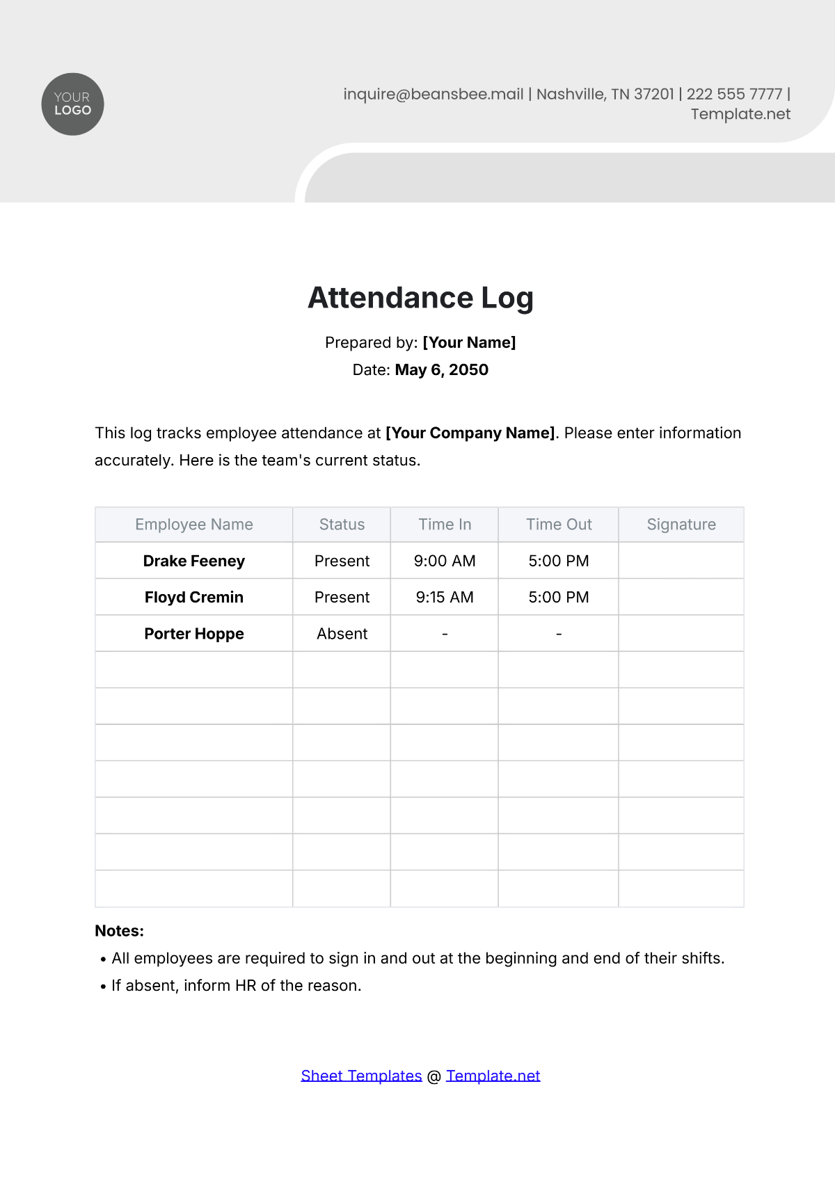 Attendance Log Template - Edit Online & Download