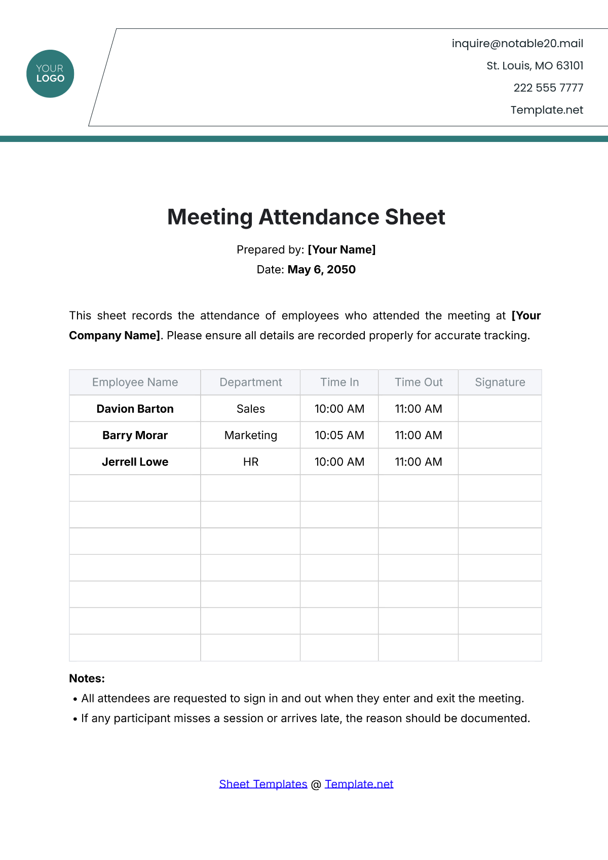 Meeting Attendance Sheet Template - Edit Online & Download