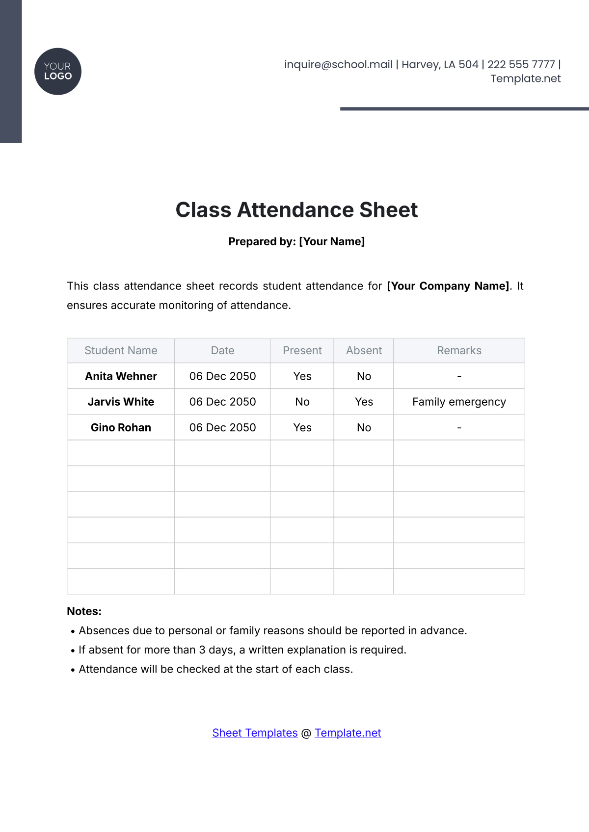 Class Attendance Sheet Template - Edit Online & Download