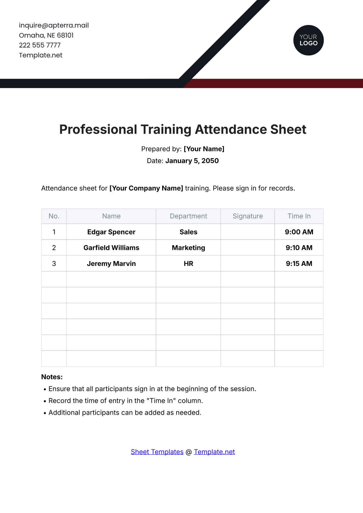 Professional Training Attendance Sheet Template - Edit Online & Download