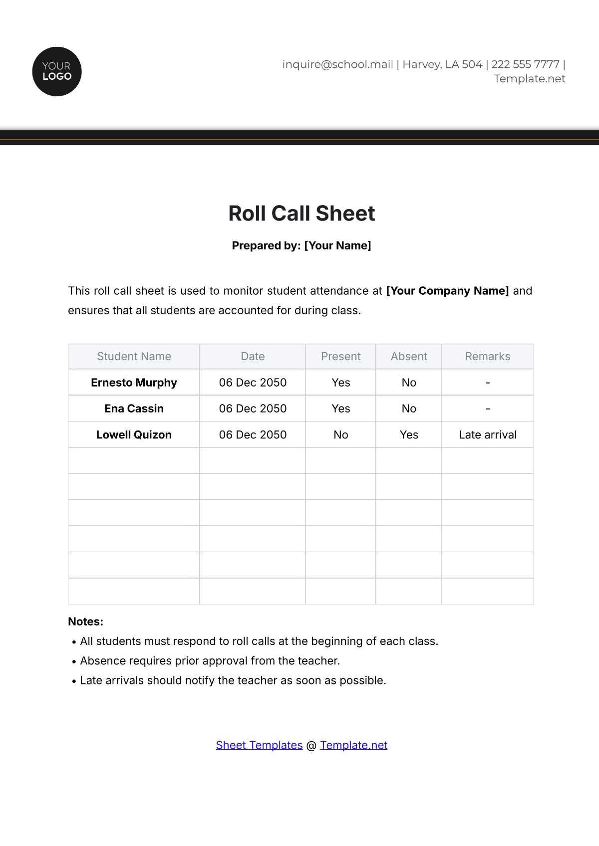 Roll Call Sheet Template - Edit Online & Download