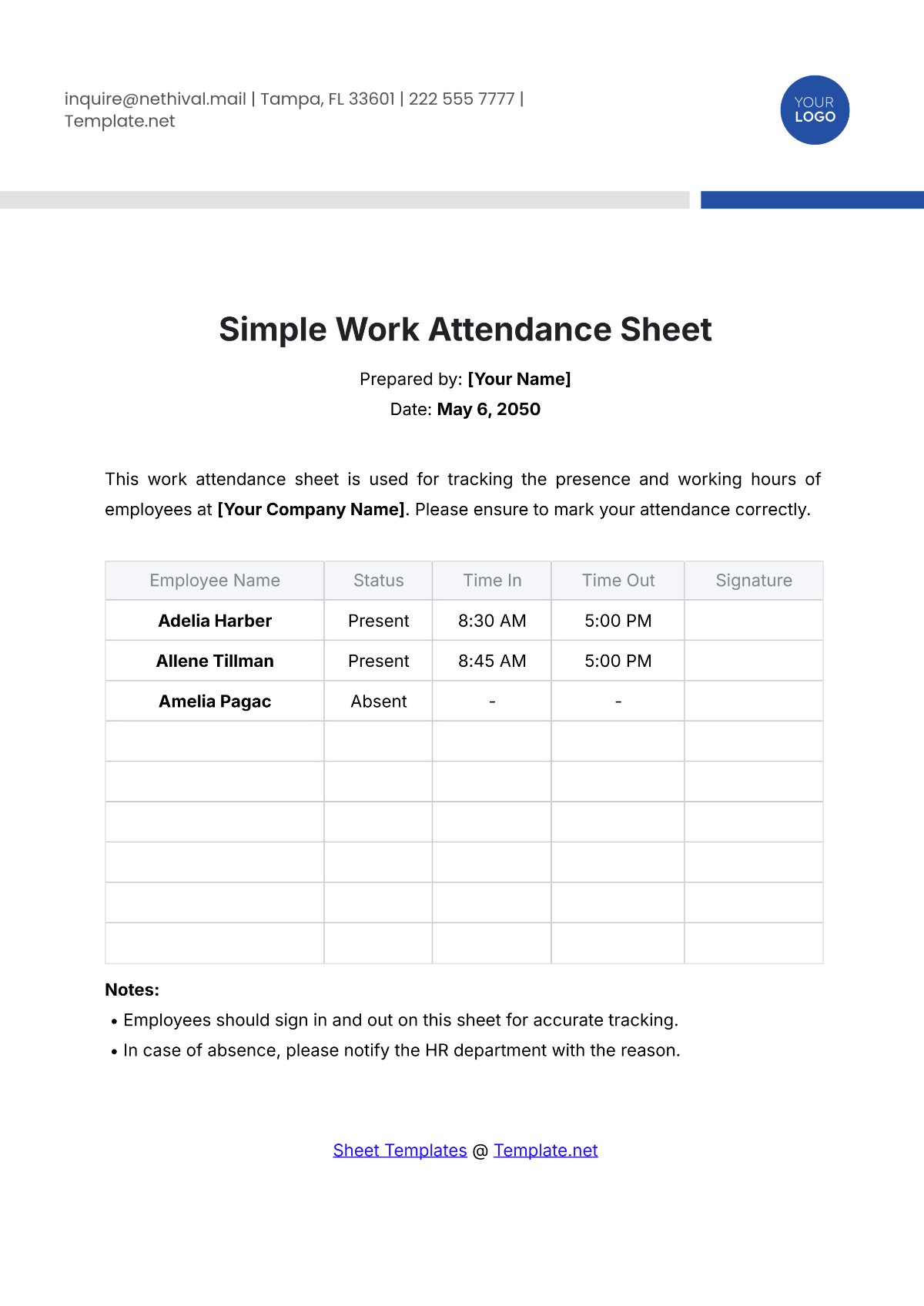 Simple Work Attendance Sheet Template - Edit Online & Download