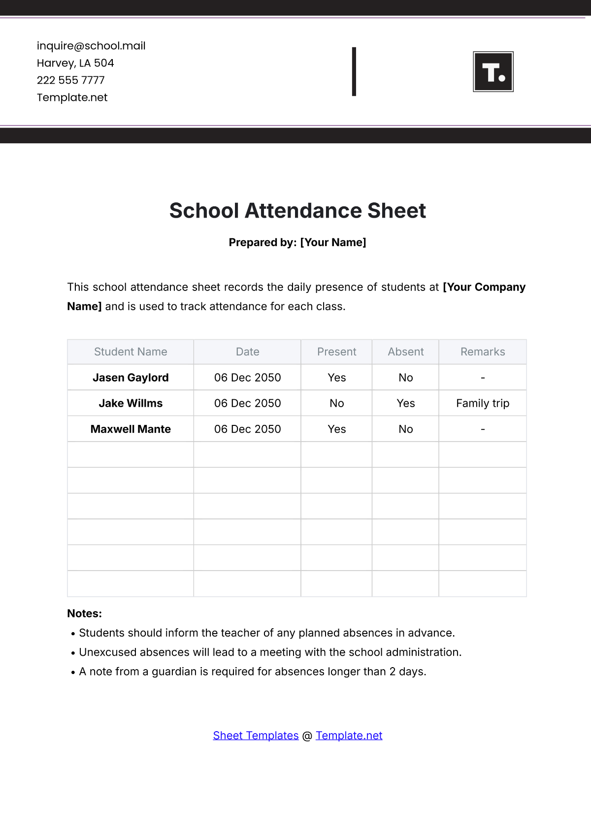 School Attendance Sheet Template - Edit Online & Download