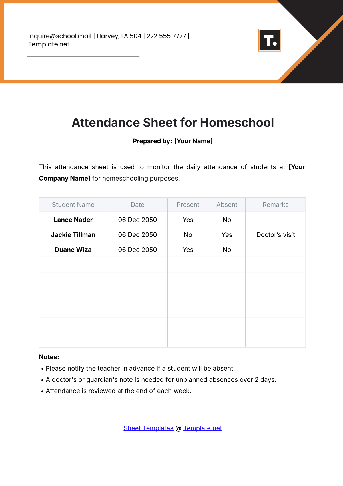 Attendance Sheet for Homeschool Template - Edit Online & Download