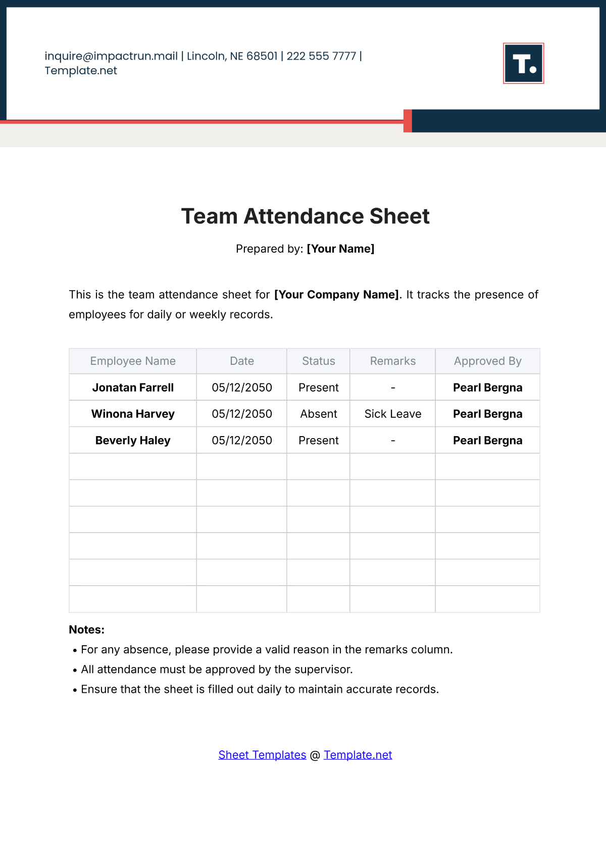 Team Attendance Sheet Template - Edit Online & Download