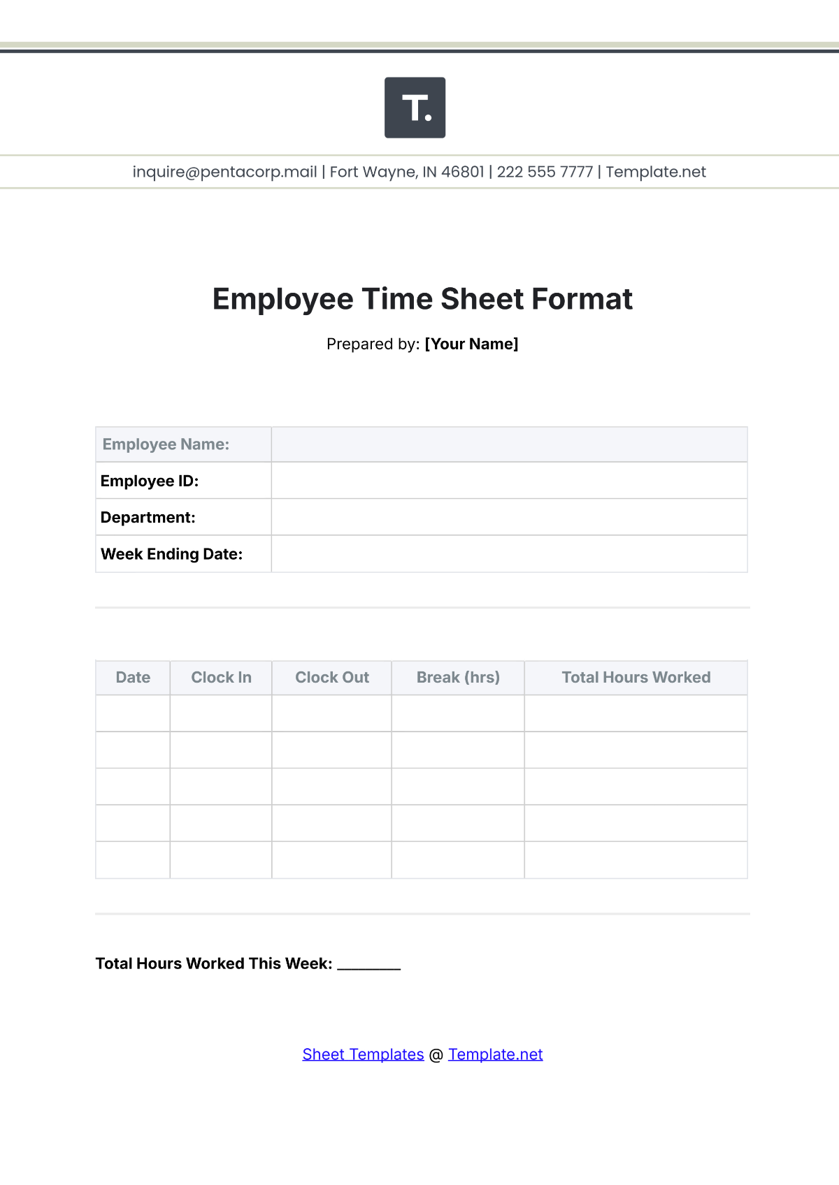 Employee Time Sheet Format Template - Edit Online & Download