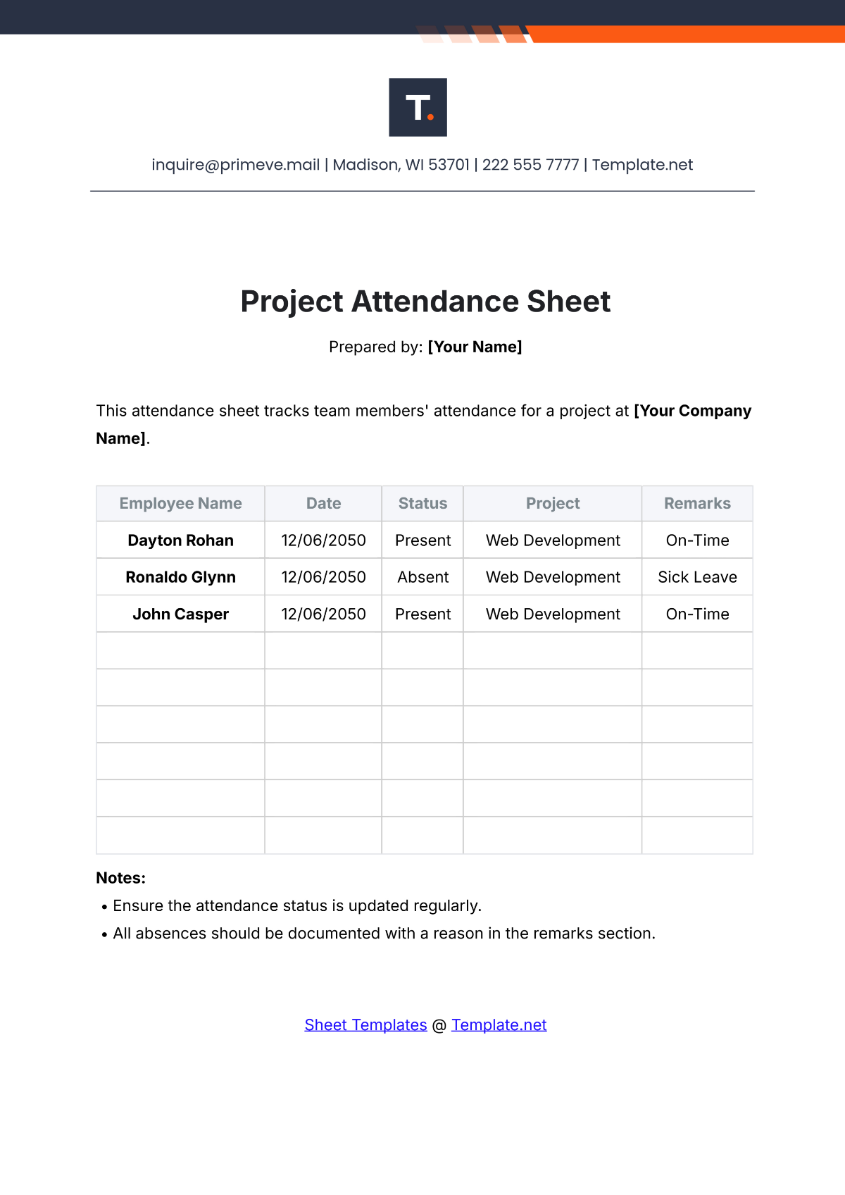 Project Attendance Sheet Template - Edit Online & Download