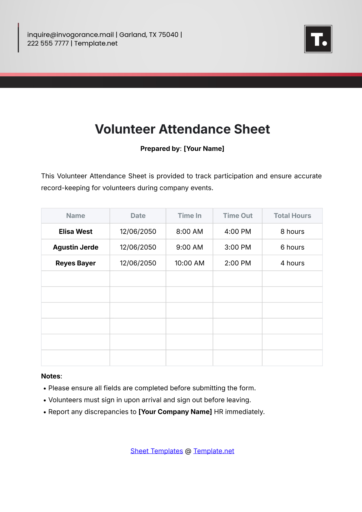 Volunteer Attendance Sheet Template - Edit Online & Download