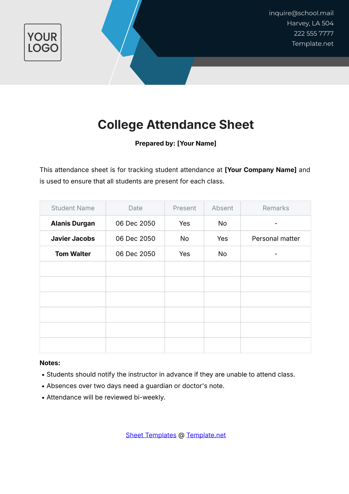 College Attendance Sheet Template - Edit Online & Download