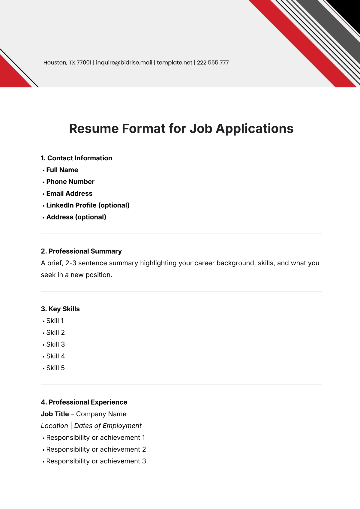 Resume Format Template for Job Applications - Edit Online & Download