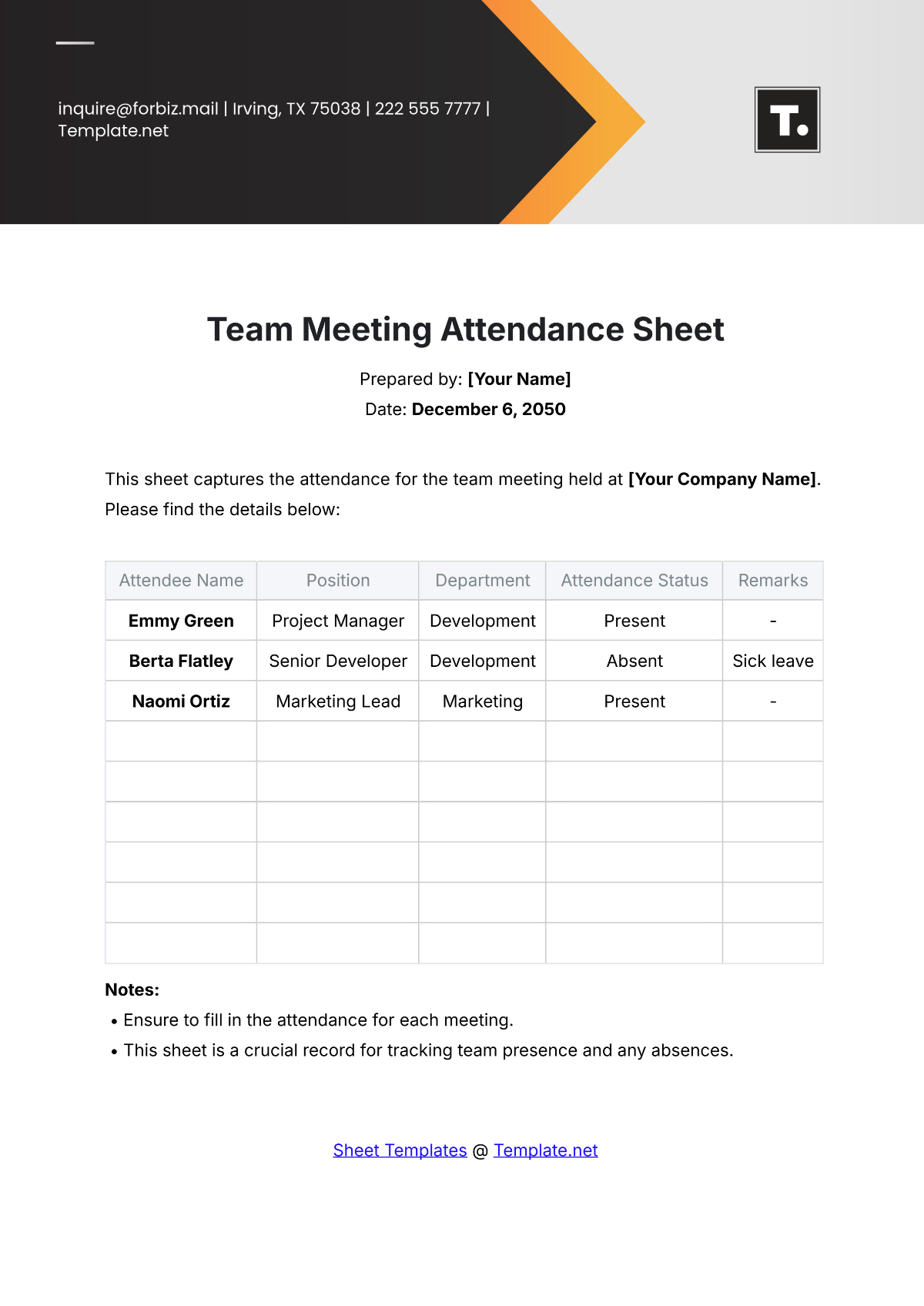 Team Meeting Attendance Sheet Template - Edit Online & Download