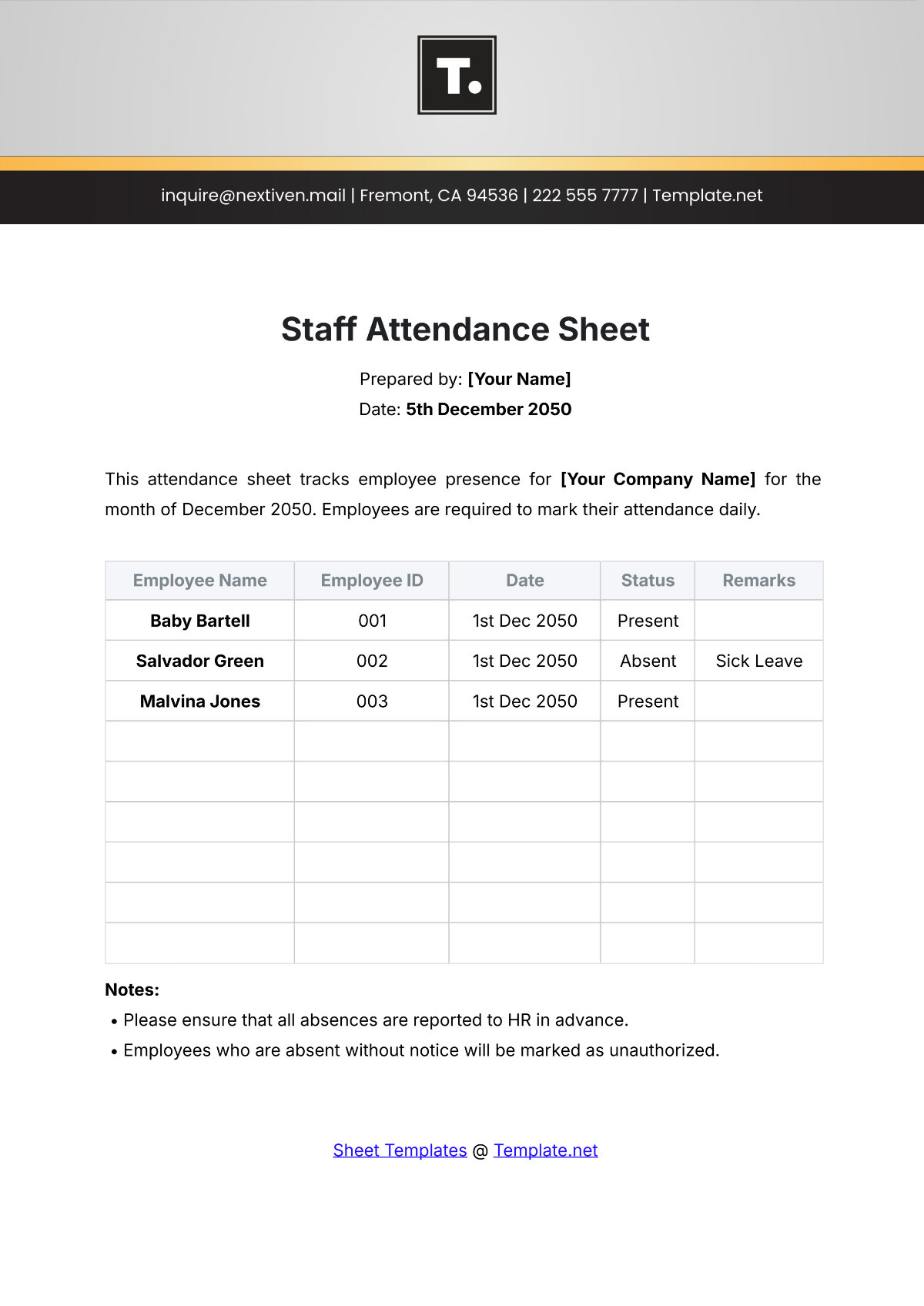 Staff Attendance Sheet Template - Edit Online & Download