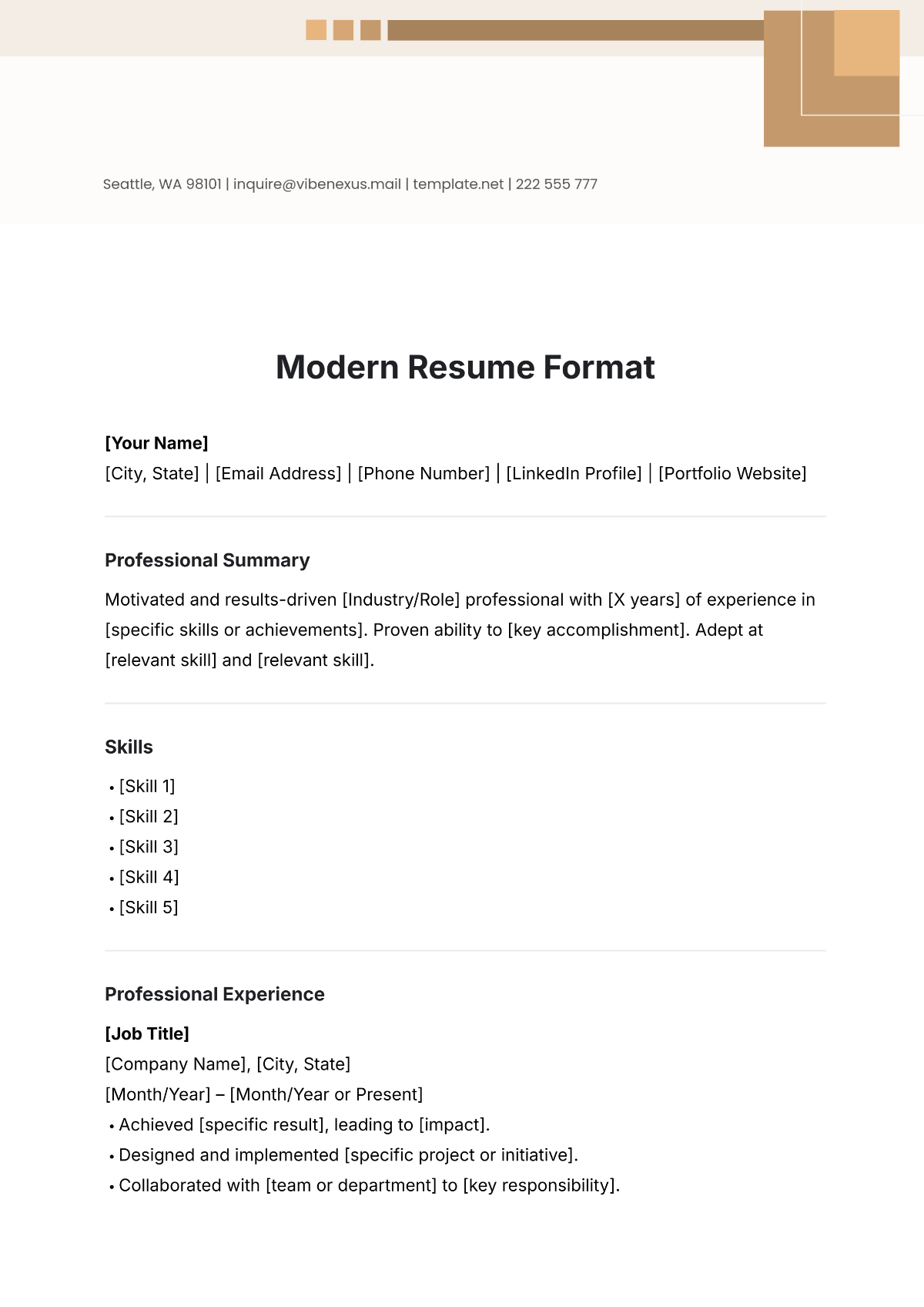 Modern Resume Format Template - Edit Online & Download