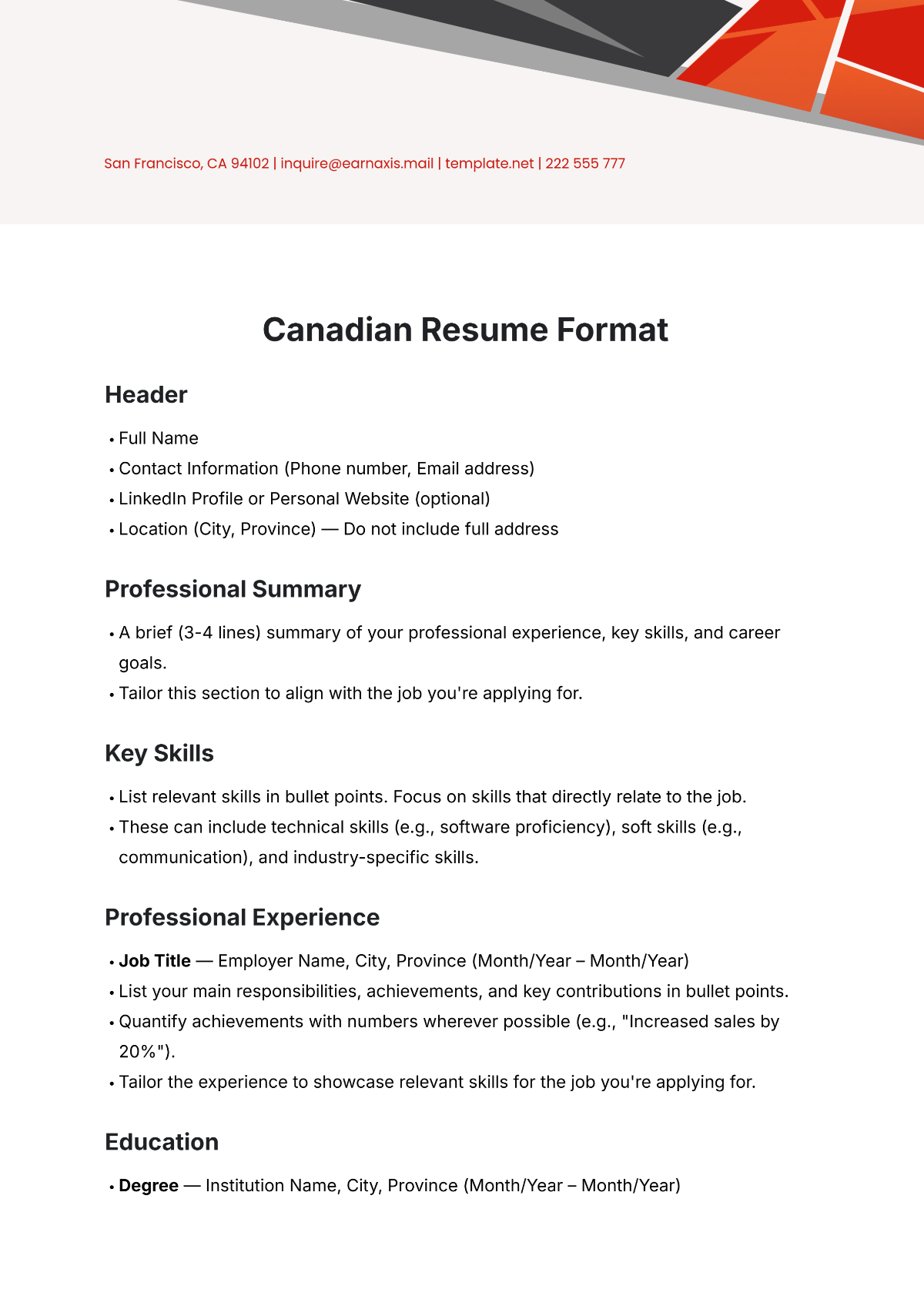 Canadian Resume Format Template - Edit Online & Download