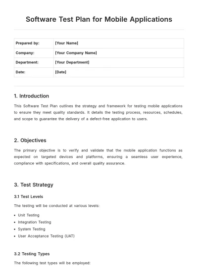 Free Software Test Plan for Mobile Applications Template to Edit Online