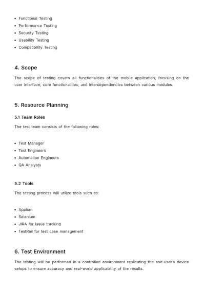 Free Software Test Plan for Mobile Applications Template to Edit Online