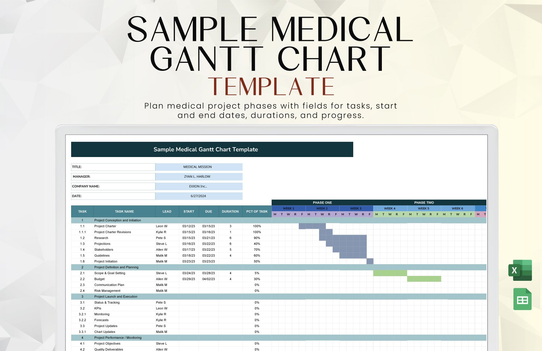 Free Sample Medical Gantt Chart Template in Excel, Google Sheets