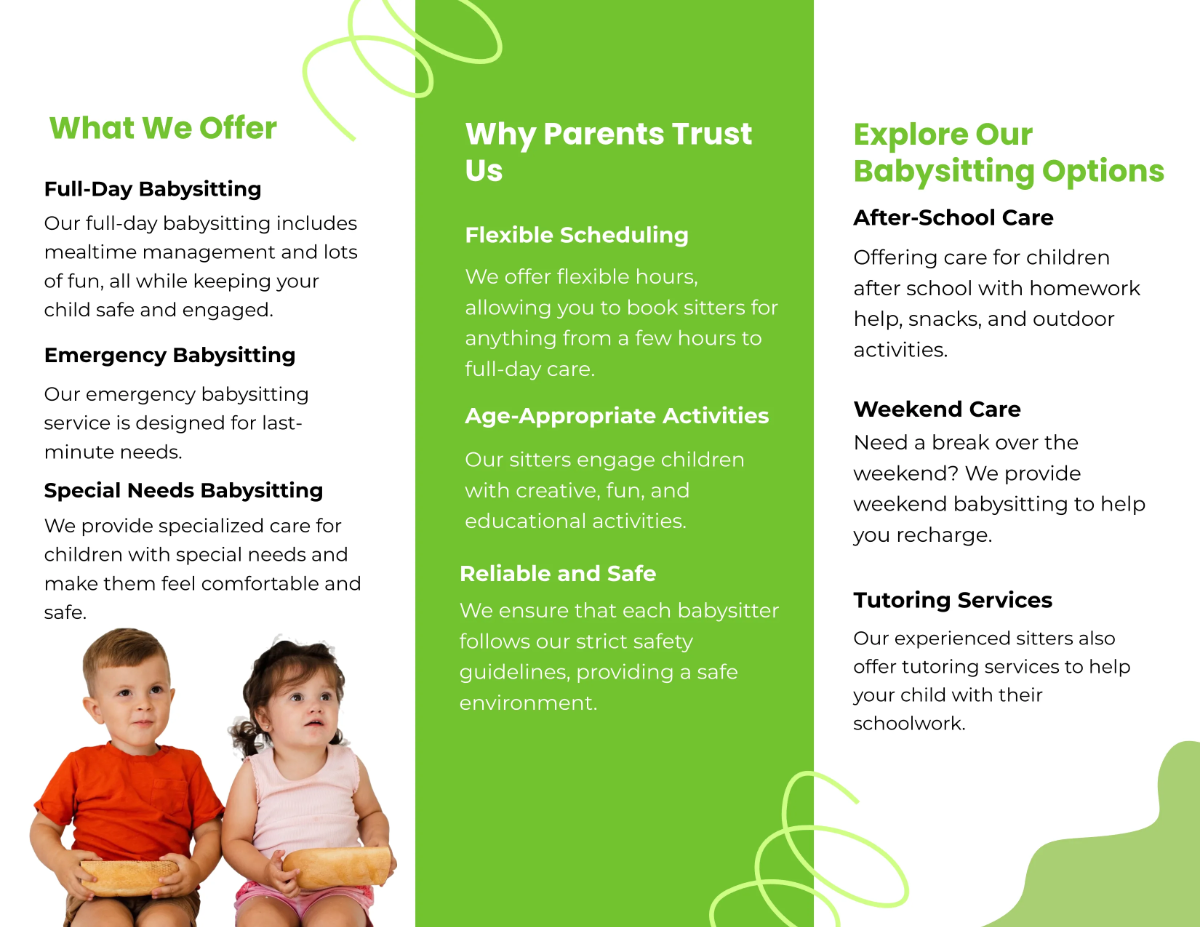 Free Baby Sitting Service Brochure Template to Edit Online