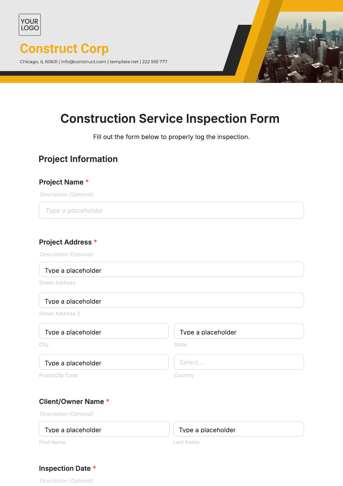 Construction Service Inspection Form Template - Edit Online & Download