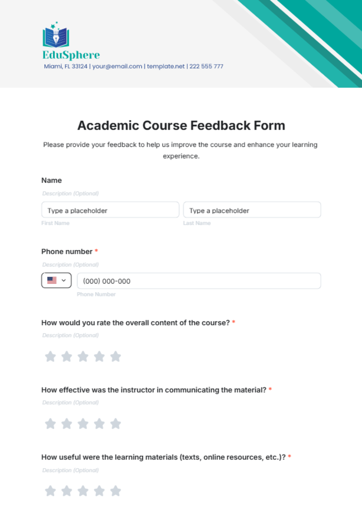 Academic Course Feedback Form Template - Edit Online & Download