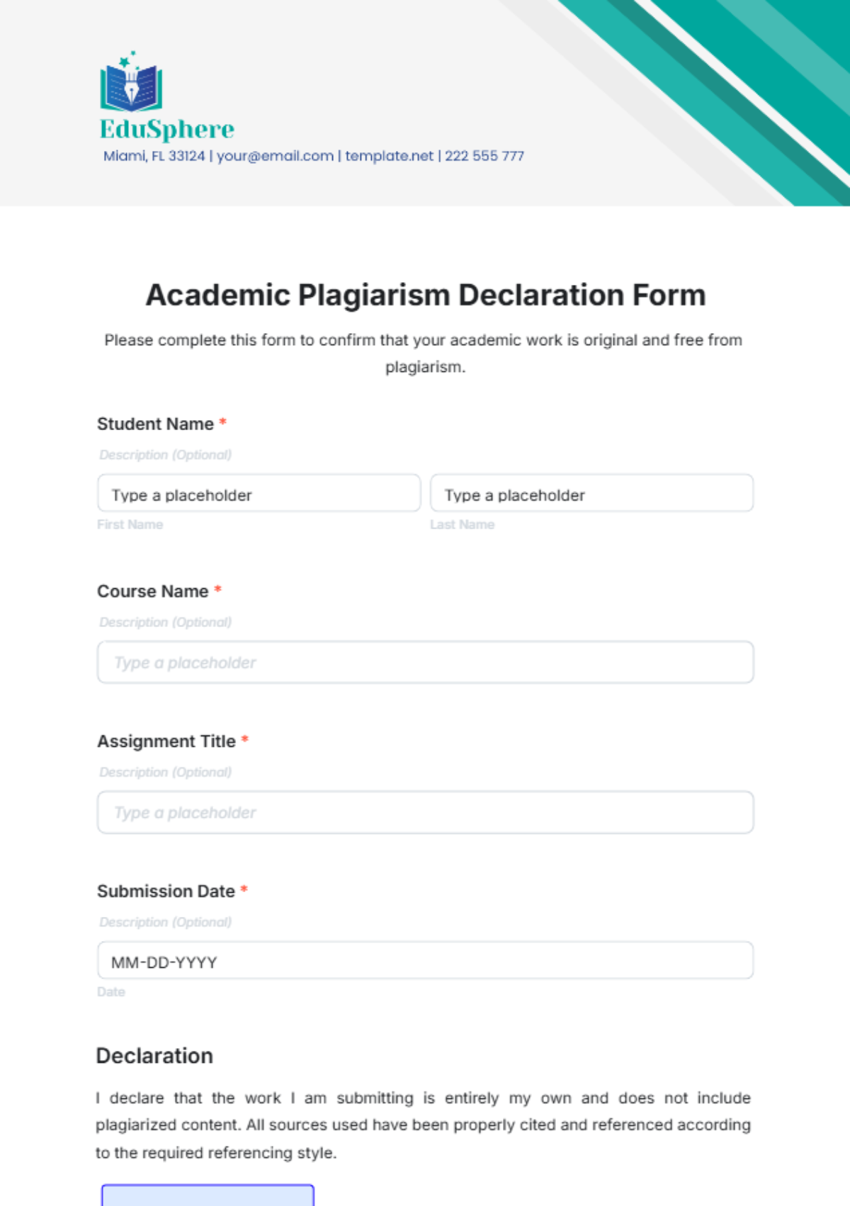 Free Academic Plagiarism Declaration Form Template - Edit Online ...